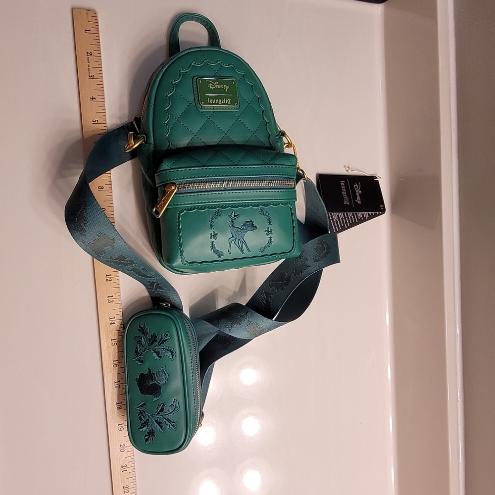 Bambi Loungefly X Disney Green Quilted Pattern Crossbody Sling Matching Coin Bag - Picture 8 of 16